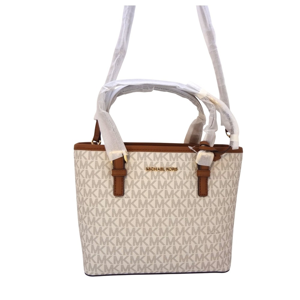 Michael Kors Small Tote Carryall Bag Vanilla Acorn Monogram Crossbody New